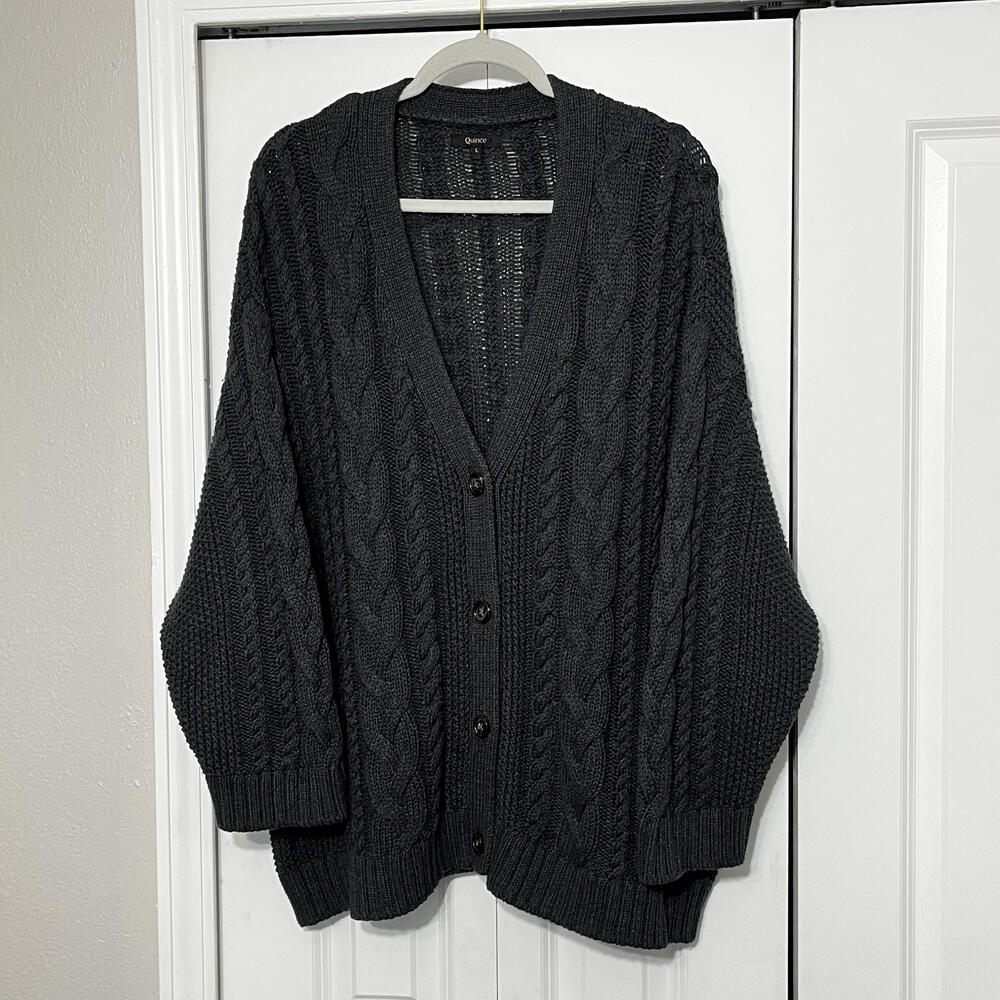 Quince Cardigan Sweater Womens Large Gray Organic Cotton Cable Knit Oversized